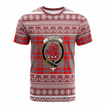 Moubray Clan Tartan Christmas Cotton T-shirt with Family Crest