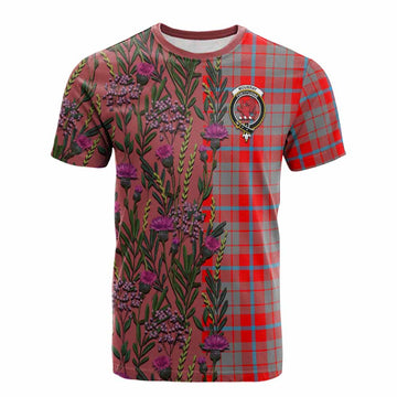 Moubray Family Crest Tartan Cotton T-shirt Scottish Thistle Flower Pattern Half Style