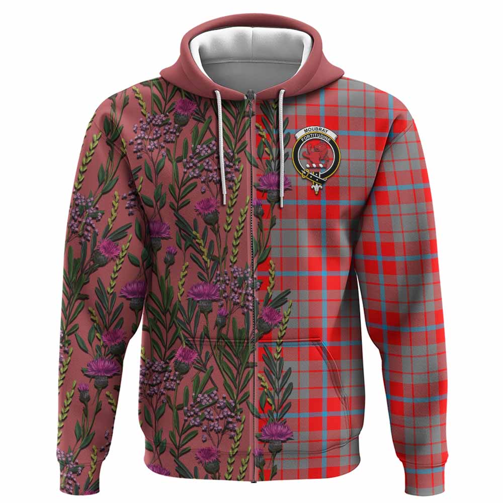 Moubray Family Crest Tartan Hoodie Scottish Thistle Flower Pattern Half Style - Tartan Vibes Clothing