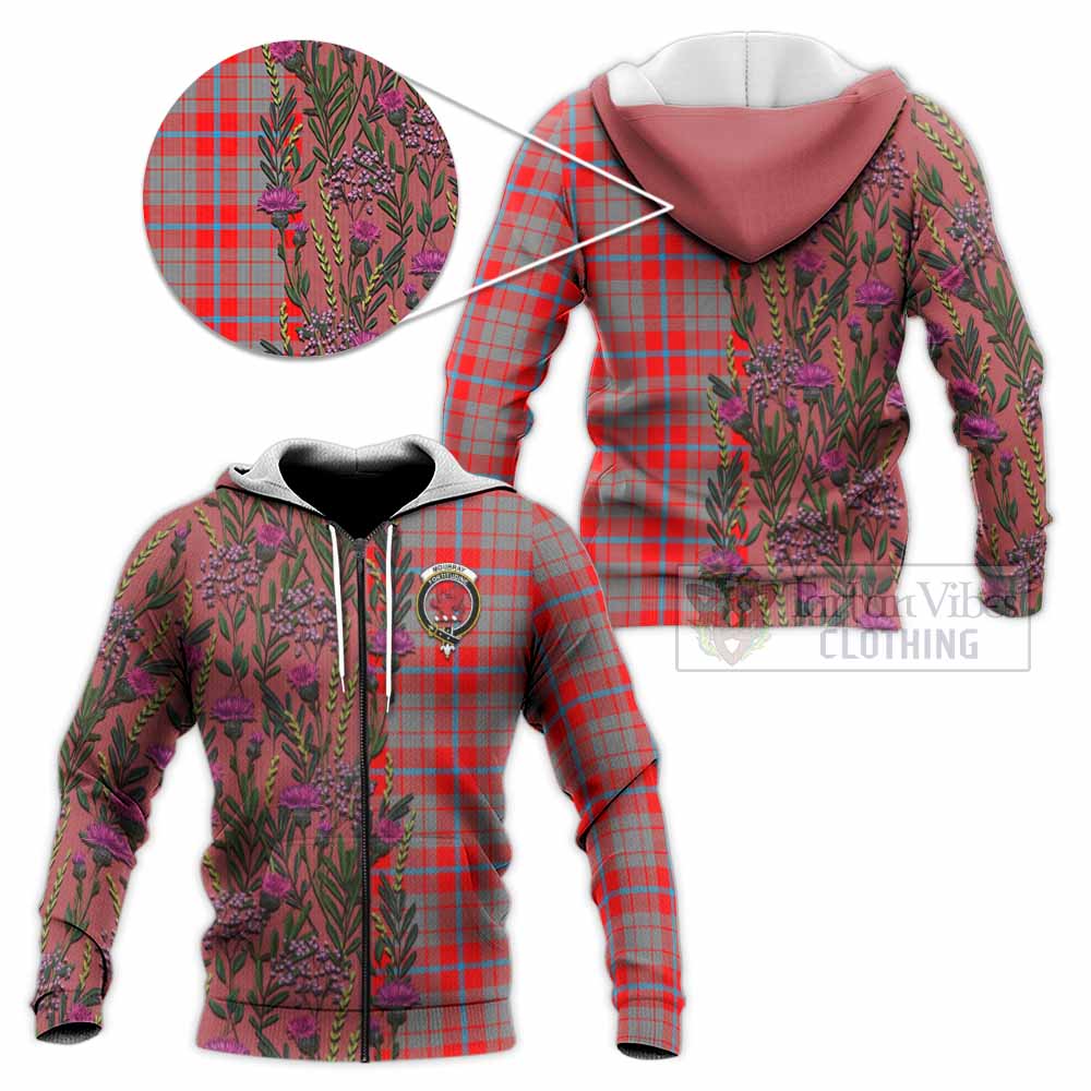 Moubray Family Crest Tartan Knitted Hoodie Scottish Thistle Flower Pattern Half Style - Tartan Vibes Clothing
