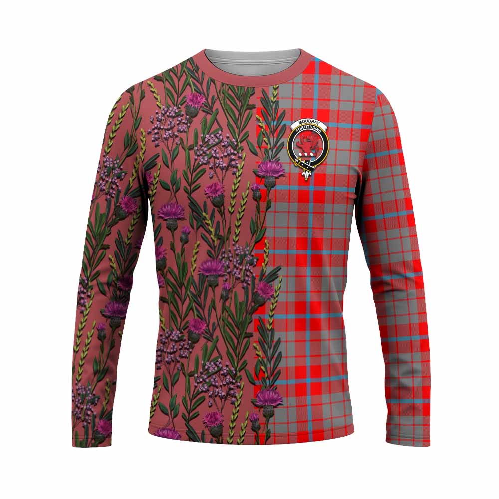 Moubray Family Crest Tartan Long Sleeve T-Shirt Scottish Thistle Flower Pattern Half Style - Tartan Vibes Clothing