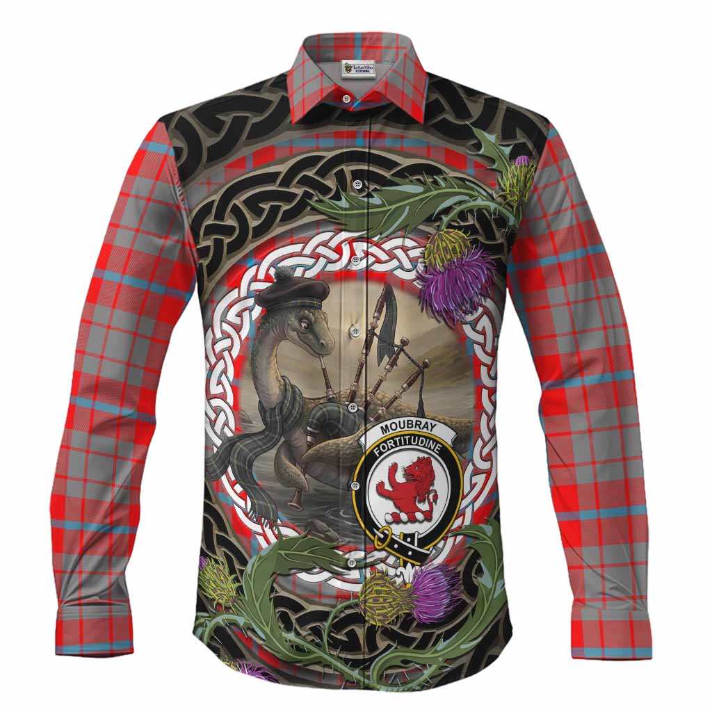 Moubray Tartan Crest Bagpipe Nessie Long Sleeve Button Shirts Scottish Loch Ness Monster Celtic Thistle