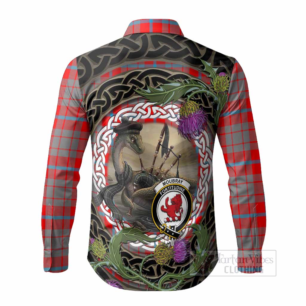 Moubray Tartan Crest Bagpipe Nessie Long Sleeve Button Shirts Scottish Loch Ness Monster Celtic Thistle