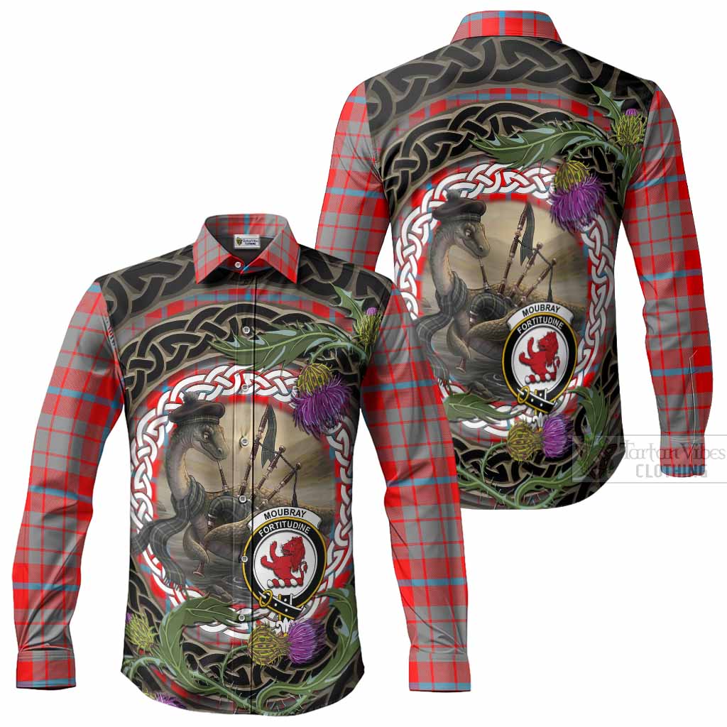 Moubray Tartan Crest Bagpipe Nessie Long Sleeve Button Shirts Scottish Loch Ness Monster Celtic Thistle