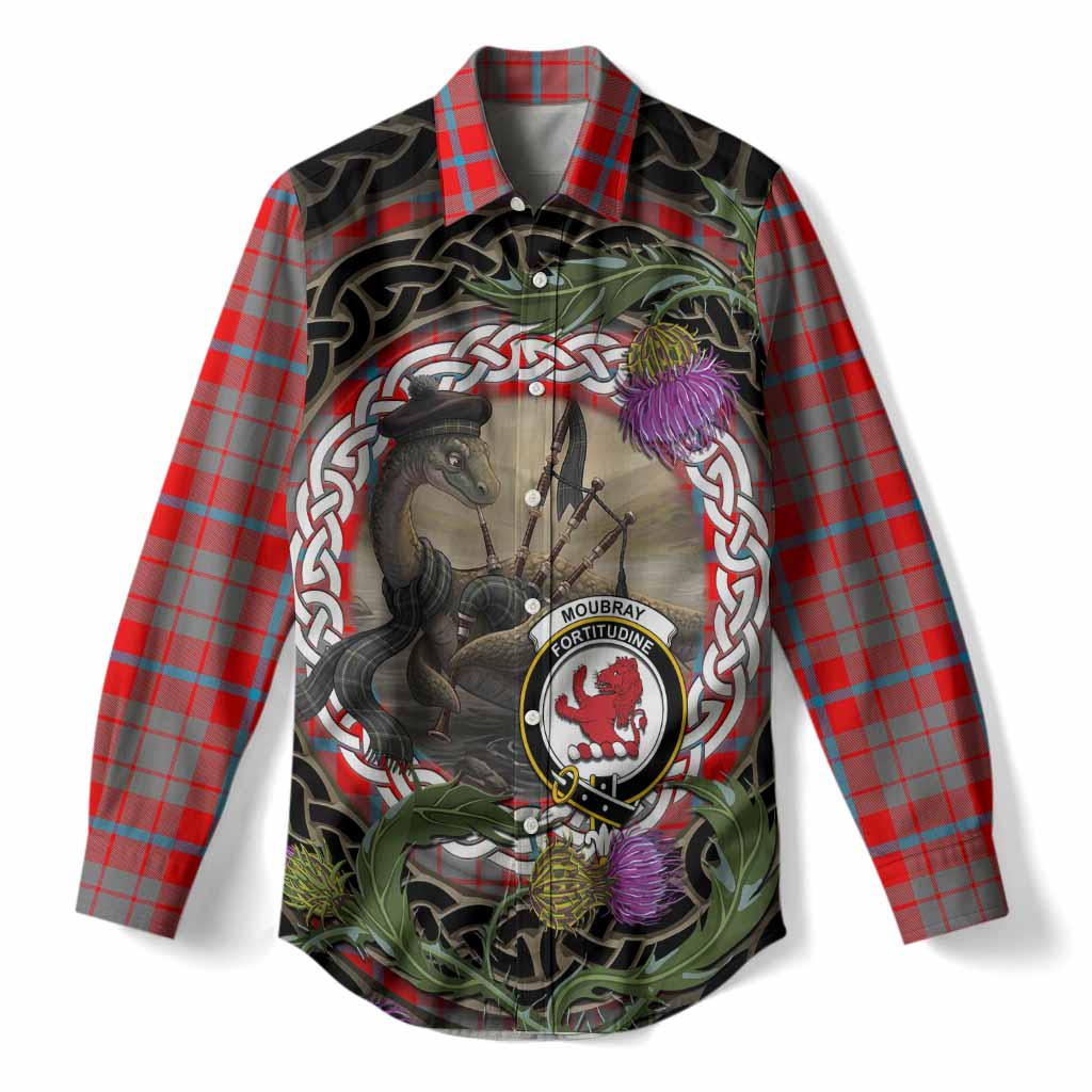 Moubray Tartan Crest Bagpipe Nessie Women Casual Shirt Scottish Loch Ness Monster Celtic Thistle