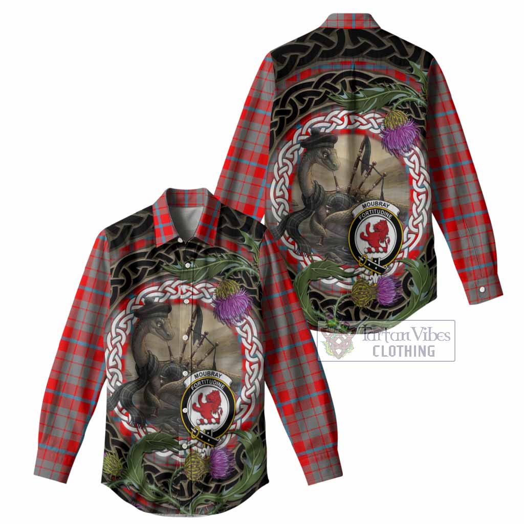 Moubray Tartan Crest Bagpipe Nessie Women Casual Shirt Scottish Loch Ness Monster Celtic Thistle
