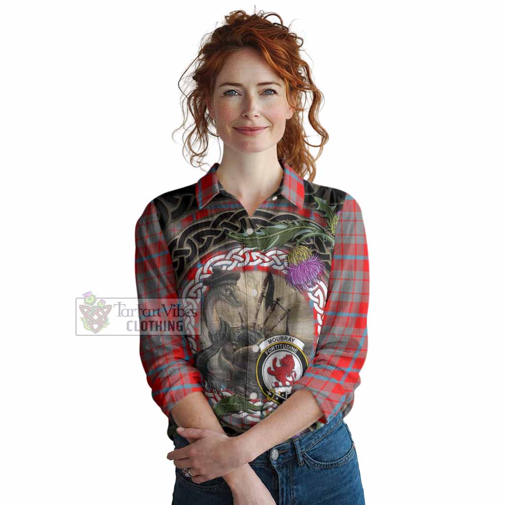 Moubray Tartan Crest Bagpipe Nessie Women Casual Shirt Scottish Loch Ness Monster Celtic Thistle