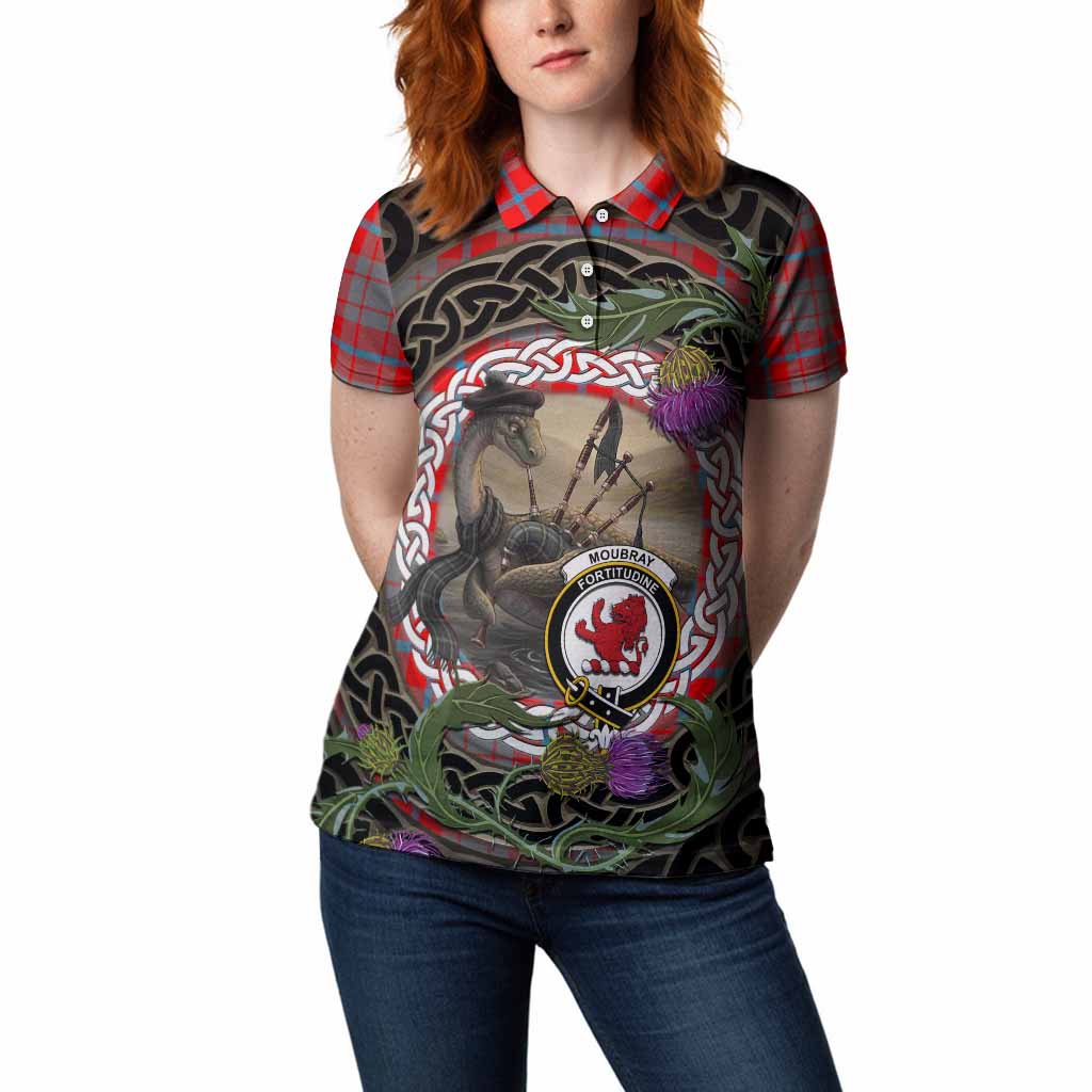 Moubray Tartan Crest Bagpipe Nessie Women Polo Shirt Scottish Loch Ness Monster Celtic Thistle