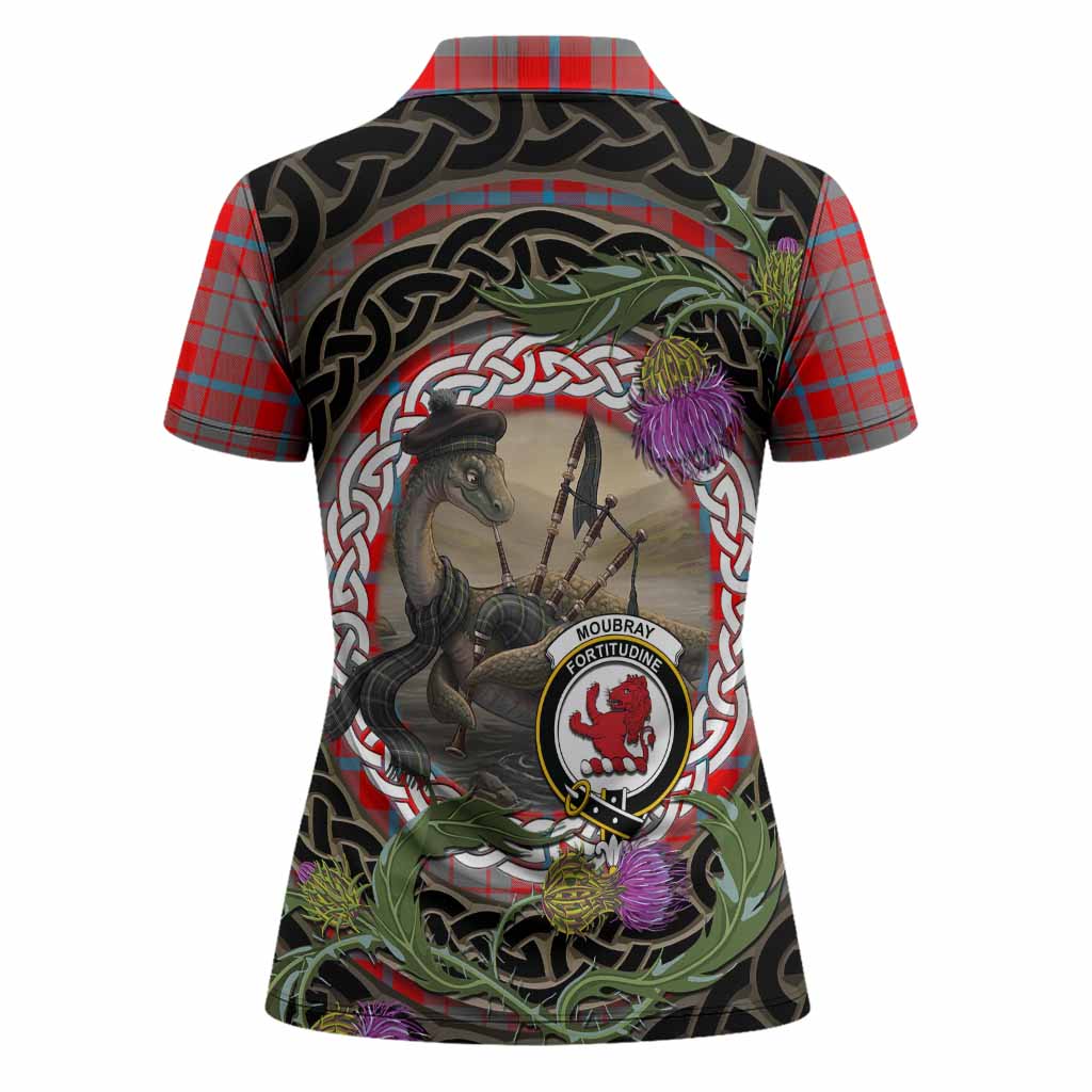 Moubray Tartan Crest Bagpipe Nessie Women Polo Shirt Scottish Loch Ness Monster Celtic Thistle