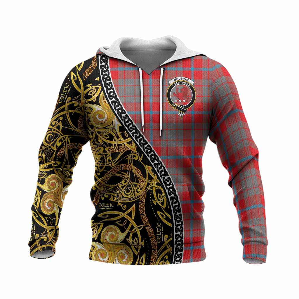 Moubray Tartan Crest Knitted Hoodie Celtic Knot and Triple Trickle Spiral Symbols