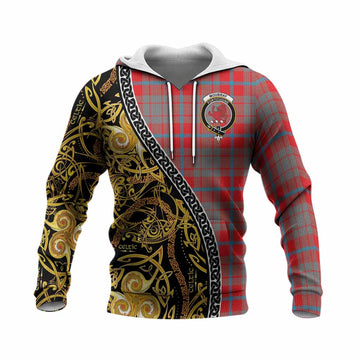 Moubray Tartan Crest Knitted Hoodie Celtic Knot and Triple Trickle Spiral Symbols