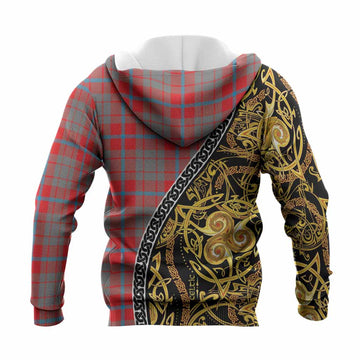 Moubray Tartan Crest Knitted Hoodie Celtic Knot and Triple Trickle Spiral Symbols