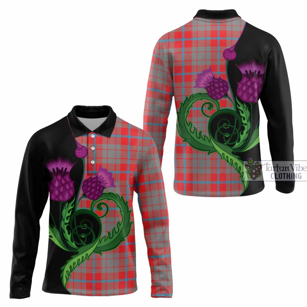 Moubray Tartan Long Sleeve Polo Shirt Traditional Scottish Thistle
