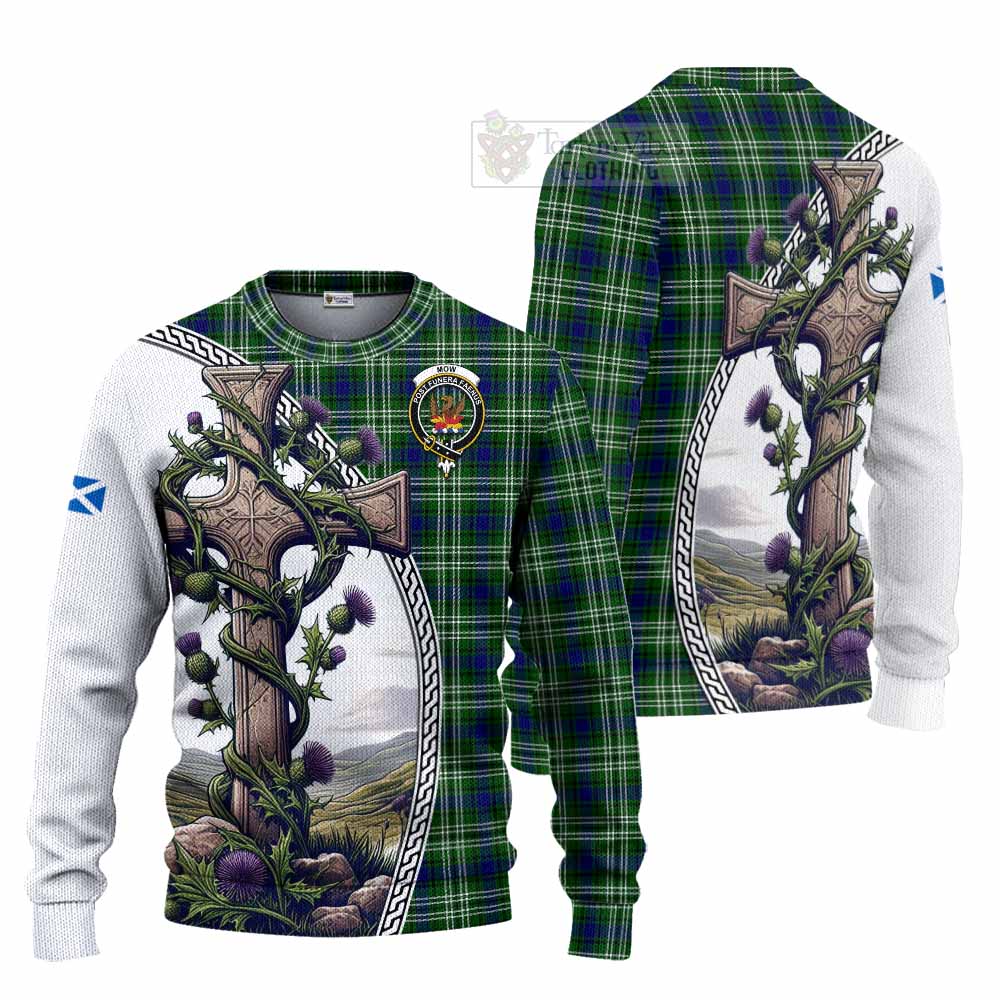 Mow Tartan Knitted Sweater with Family Crest and St. Andrew's Cross Accented by Thistle Vines Unisex - Tartan Vibes Clothing