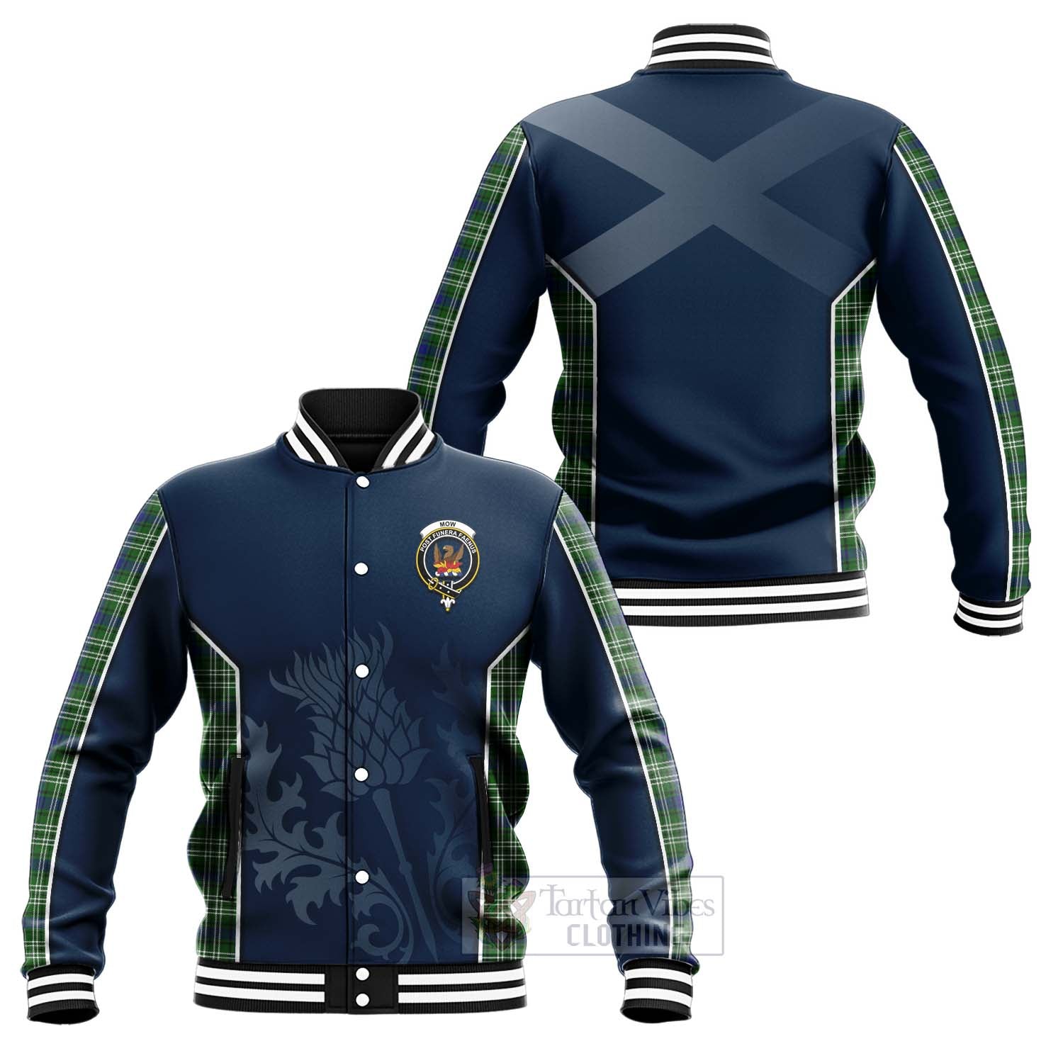 Mow Tartan Baseball Jacket with Family Crest and Scottish Thistle Vibes Sport Style Unisex - Tartan Vibes Clothing