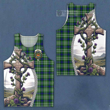 Mow Tartan Men's Tank Top with Family Crest and St. Andrew's Cross Accented by Thistle Vines Men - Tartan Vibes Clothing