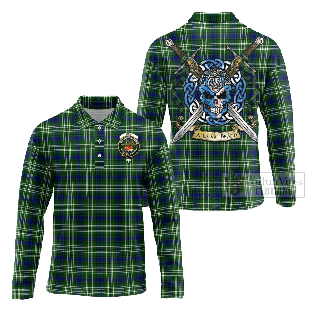 Mow Tartan Long Sleeve Polo Shirt with Family Crest Celtic Skull Style Unisex - Tartan Vibes Clothing