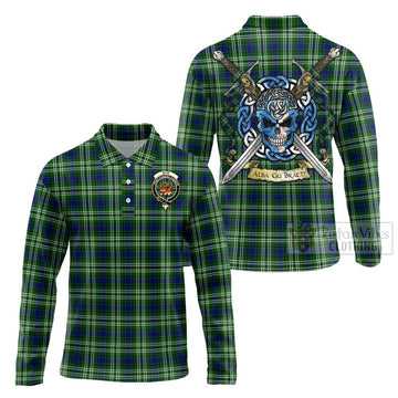 Mow Tartan Long Sleeve Polo Shirt with Family Crest Celtic Skull Style Unisex - Tartan Vibes Clothing