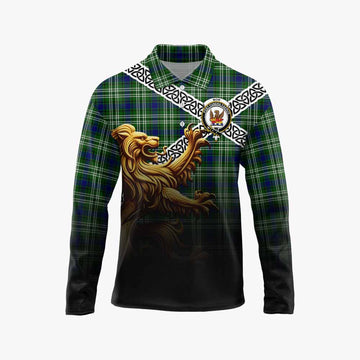 Mow Crest Tartan Long Sleeve Polo Shirt with Golden Lion Emblem Celtic Style Unisex - Tartan Vibes Clothing
