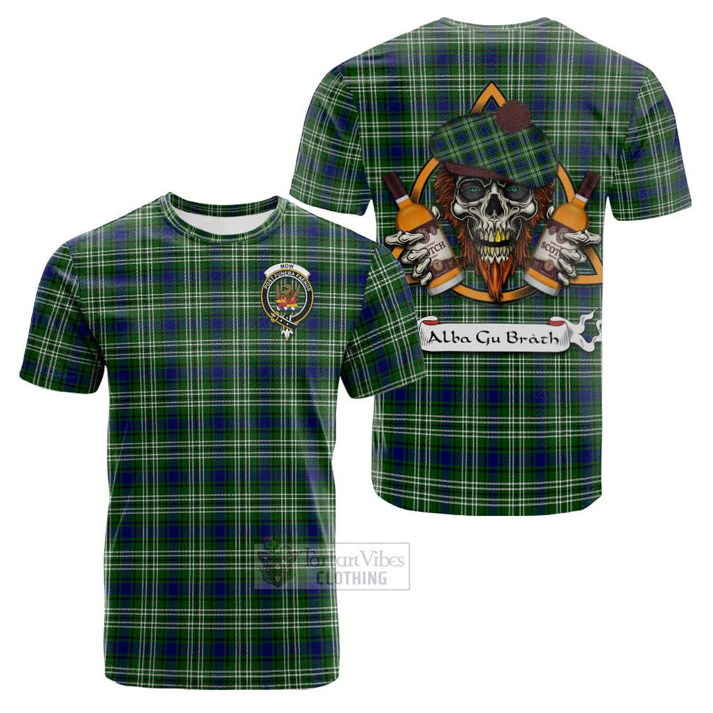 Tartan Vibes Clothing Mow Tartan Cotton T-shirt with Family Crest and Bearded Skull Holding Bottles of Whiskey