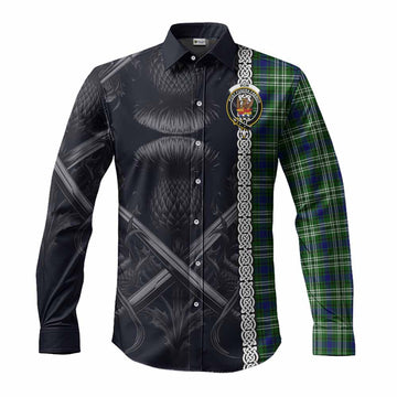 Tartan Vibes Clothing Mow Tartan Long Sleeve Button Shirt with Family Crest Cross Sword Thistle Celtic Vibes