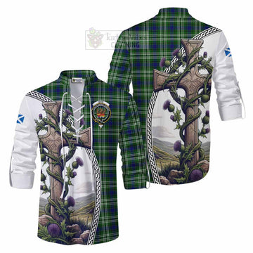 Mow Tartan Ghillie Kilt Shirt with Family Crest and St. Andrew's Cross Accented by Thistle Vines