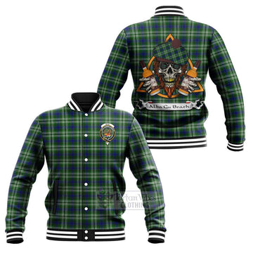 Mow Tartan Baseball Jacket with Family Crest and Bearded Skull Holding Bottles of Whiskey Unisex - Tartan Vibes Clothing