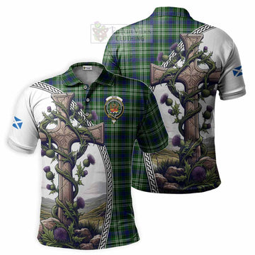 Mow Tartan Polo Shirt with Family Crest and St. Andrew's Cross Accented by Thistle Vines Kid - Tartan Vibes Clothing