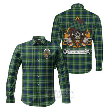 Mow Tartan Long Sleeve Button Shirt with Family Crest and Bearded Skull Holding Bottles of Whiskey Men's Shirt S - Tartan Vibes Clothing