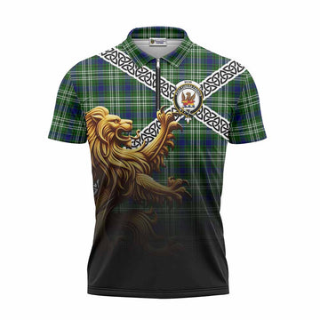 Mow Crest Tartan Zipper Polo Shirt with Golden Lion Emblem Celtic Style Unisex - Tartan Vibes Clothing