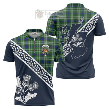 Mow Tartan Zipper Polo Shirt Featuring Thistle and Scotland Map Unisex - Tartanvibesclothing Store