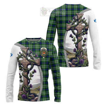 Mow Tartan Long Sleeve T-Shirt with Family Crest and St. Andrew's Cross Accented by Thistle Vines