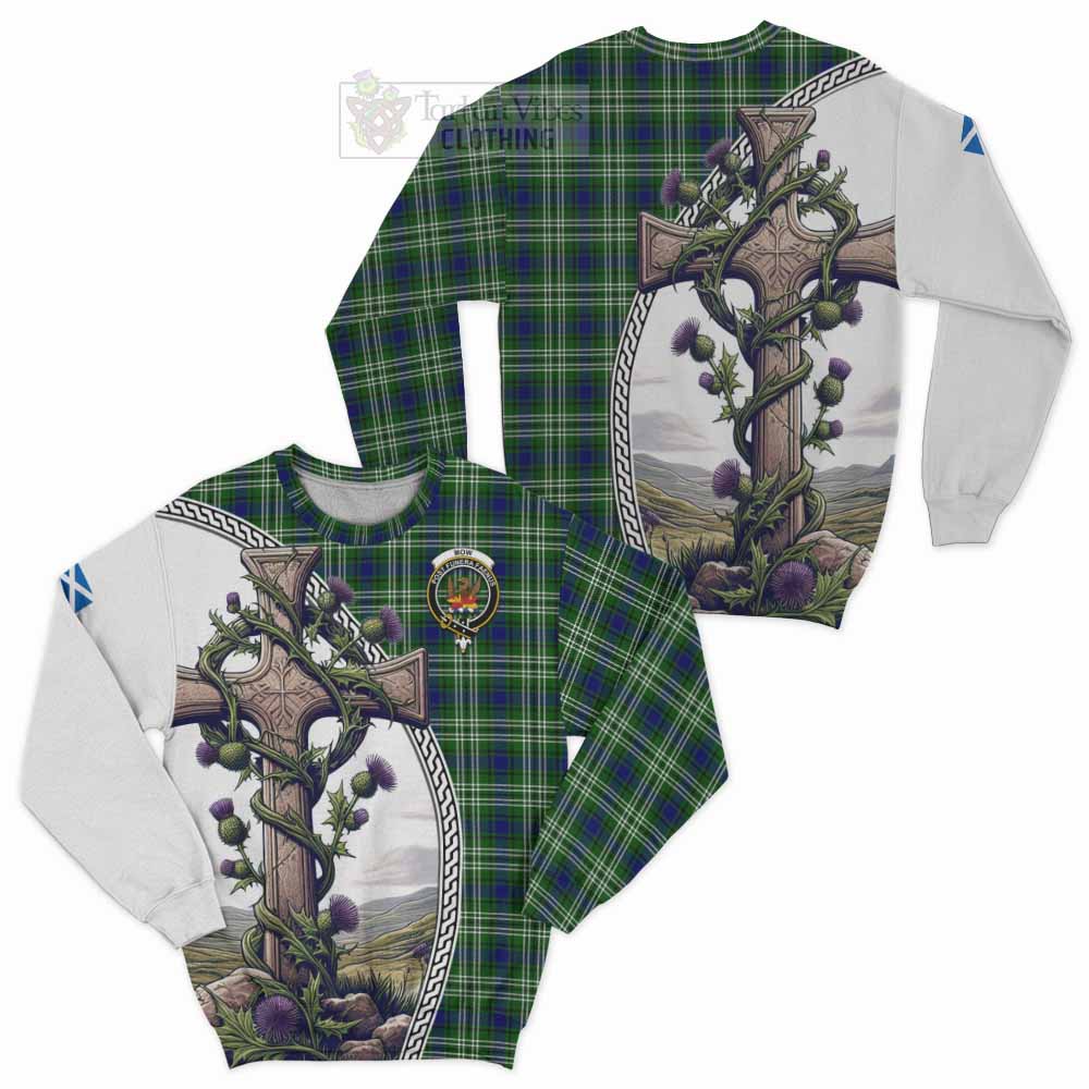 Mow Tartan Sweatshirt with Family Crest and St. Andrew's Cross Accented by Thistle Vines Unisex - Tartan Vibes Clothing