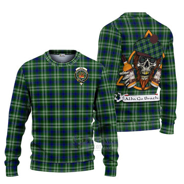 Mow Tartan Ugly Sweater with Family Crest and Bearded Skull Holding Bottles of Whiskey Unisex - Tartan Vibes Clothing