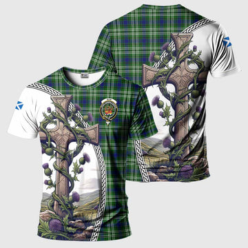 Tartan Vibes Clothing Mow Agnew Tartan T-Shirt with Family Crest and St. Andrew's Cross Accented by Thistle Vines