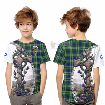 Mow Tartan Kid T-Shirt with Family Crest and St. Andrew's Cross Accented by Thistle Vines
