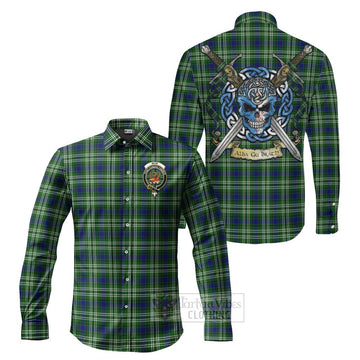 Mow Tartan Long Sleeve Button Shirt with Family Crest Celtic Skull Style Men's Shirt S - Tartan Vibes Clothing