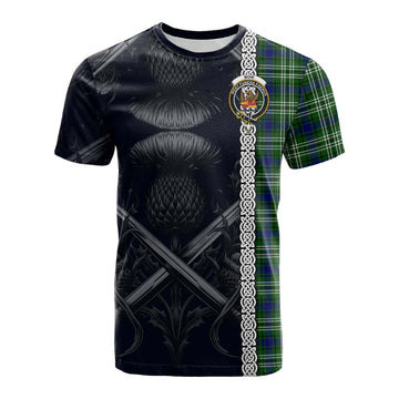 Mow Tartan Cotton T-shirt with Family Crest Cross Sword Thistle Celtic Vibes