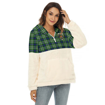 Mow Tartan Half Style Women's Borg Fleece Hoodie with Half Zip with Family Crest