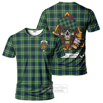 Mow Tartan T-Shirt with Family Crest and Bearded Skull Holding Bottles of Whiskey