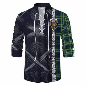 Mow Tartan Ghillie Kilt Shirt with Family Crest Cross Sword Thistle Celtic Vibes Men - Tartan Vibes Clothing