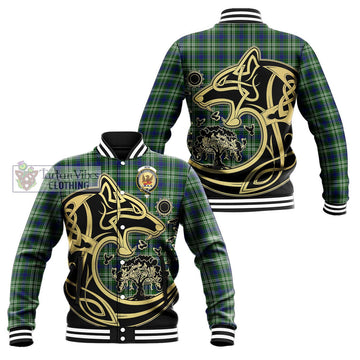 Mow Tartan Baseball Jacket with Family Crest Celtic Wolf Style Unisex - Tartan Vibes Clothing