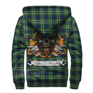 Mow Tartan Sherpa Hoodie with Family Crest and Bearded Skull Holding Bottles of Whiskey - Tartan Vibes Clothing