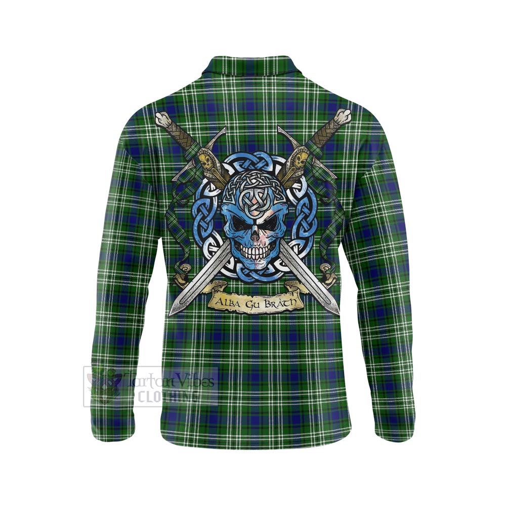 Mow Tartan Long Sleeve Polo Shirt with Family Crest Celtic Skull Style - Tartan Vibes Clothing