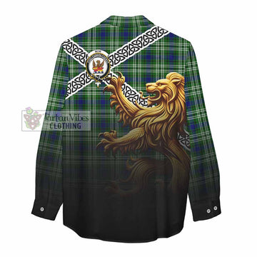 Mow Crest Tartan Women's Casual Shirt with Golden Lion Emblem Celtic Style - Tartan Vibes Clothing