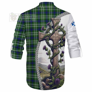 Mow Tartan Ghillie Kilt Shirt with Family Crest and St. Andrew's Cross Accented by Thistle Vines
