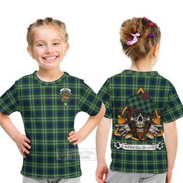 Mow Tartan Kid T-Shirt with Family Crest and Bearded Skull Holding Bottles of Whiskey - Tartan Vibes Clothing