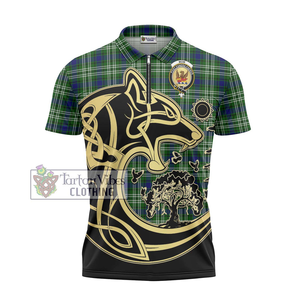 Mow Tartan Zipper Polo Shirt with Family Crest Celtic Wolf Style - Tartan Vibes Clothing