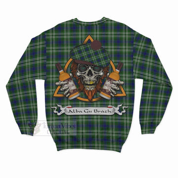 Mow Tartan Sweatshirt with Family Crest and Bearded Skull Holding Bottles of Whiskey - Tartan Vibes Clothing