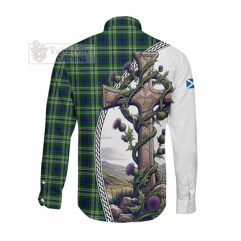 Mow Tartan Long Sleeve Button Shirt with Family Crest and St. Andrew's Cross Accented by Thistle Vines Men's Shirt - Tartan Vibes Clothing